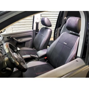 Чехлы на Фольксваген Кадди / Volkswagen Caddy / Оригинал / Экокожа - Алькантара / Черный с красной и серой нитью