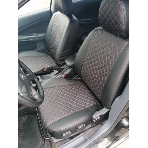 Чехлы Nissan Almera G15 / Модельные / Цвет черный с красной строчкой / Ромб / заднее спинка сплошная